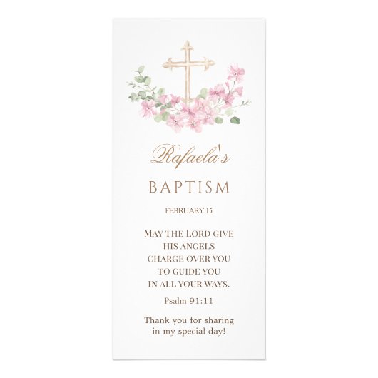 Pink Floral Cross Girl Baptism Werbekarte (Vorne)