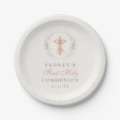 Pink Floral Cross Girl First Communion Pappteller (Vorderseite)