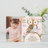 Pink Floral Crown Owl Photo Birthday Invitation Einladung (Stehend Vorderseite)