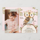 Pink Floral Crown Owl Photo Birthday Invitation Einladung (Vorne/Hinten)