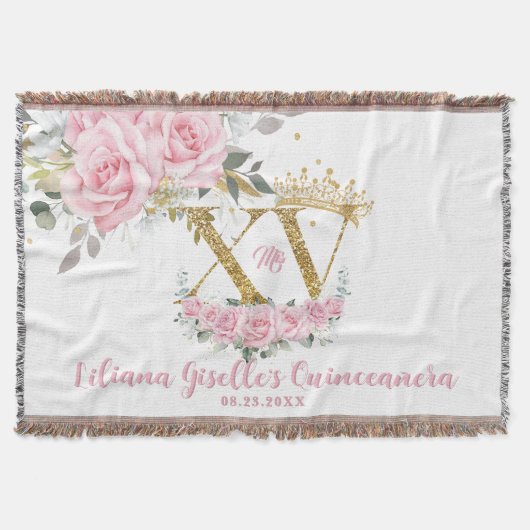 Pink Floral Crown XV QUINCEAÑERA Quince Keepake Decke (Vorderseite)