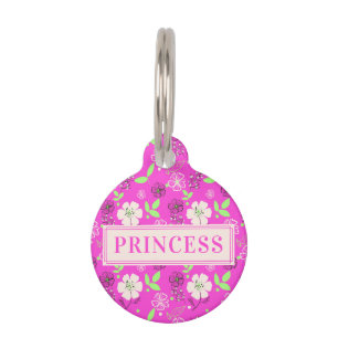 Pink Floral Custom Dose Round Pet ID Tag Haustiermarke