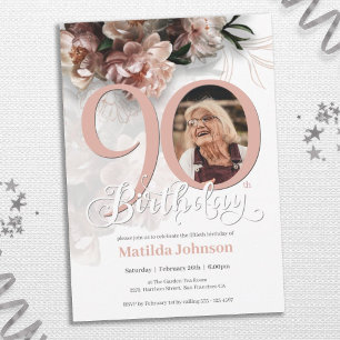 Pink Floral Custom Foto 90. Geburtstagsparty Einladung