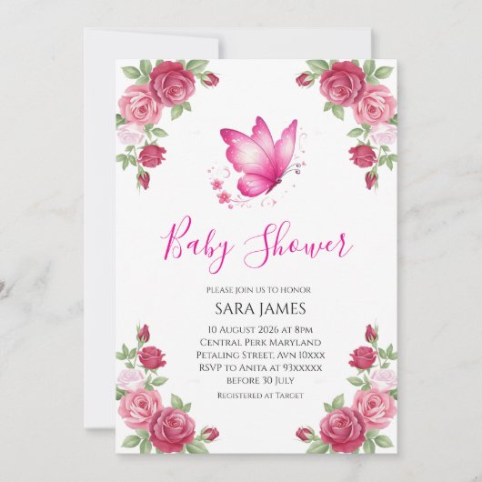 Pink Floral Cute Butterfly Baby Shower Invitation Einladung (Vorderseite)