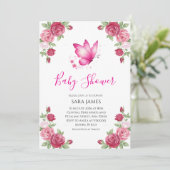 Pink Floral Cute Butterfly Baby Shower Invitation Einladung (Stehend Vorderseite)