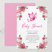 Pink Floral Cute Butterfly Baby Shower Invitation Einladung (Vorne/Hinten)