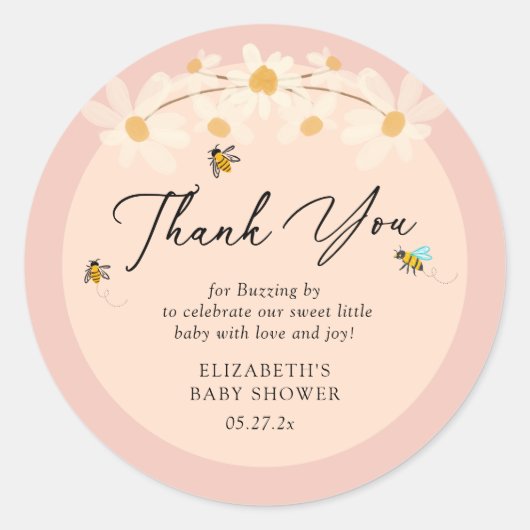 Pink Floral Daisy Bees Baby Dusche Danke Runder Aufkleber (Vorderseite)