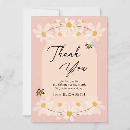 Pink Floral Daisy Bees Baby Dusche Dankeskarte (Vorderseite)