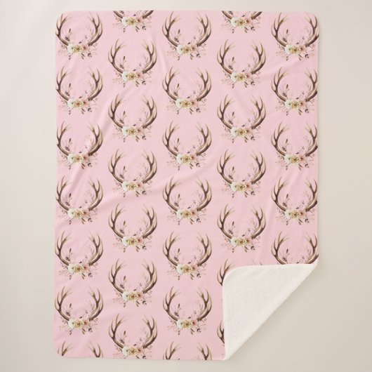 Pink Floral Deer Antlers Sherpadecke (Vorderseite)