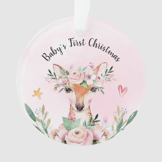 Pink Floral Deer Baby's First Christmas Ornament (Vorderseite)