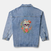Pink Floral Dia De Los Muertos Sugar Skull Jeansjacke (Rückseite)