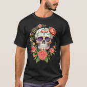 Pink Floral Dia De Los Muertos Sugar Skull T-Shirt (Vorderseite)