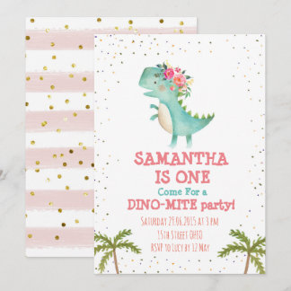 Pink Floral Dino Erster Geburtstag Party Einladung