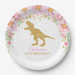Pink Floral Dinosaur Geburtstagsparty T-Rex Pappteller