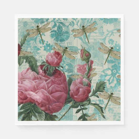 Pink Floral Dragonfly Ephemere Serviette (Vorderseite)