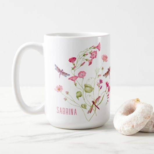 Pink Floral Dragonfly Persönliche Umarmung Kaffeetasse (Mit Donut)