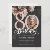 Pink Floral Dunkelgrau Foto 80. Geburtstag Einladung (Vorderseite)