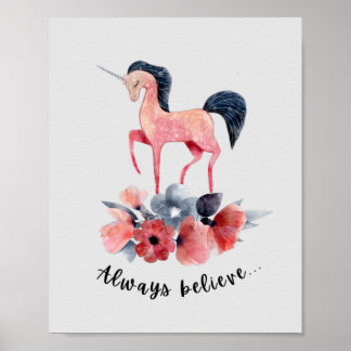 Pink Floral Einhorn Girl's bedroom Wall Art Poster