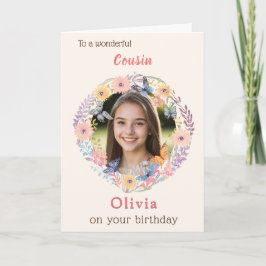Pink Floral Elegant Female Cousin Photo Birthday Karte
