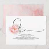 Pink Floral Elegant Script Typografie 1. Geburtsta Einladung (Vorne/Hinten)