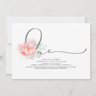 Pink Floral Elegant Script Typografie 1. Geburtsta Einladung