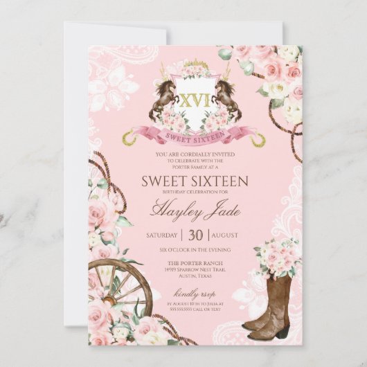 Pink Floral & elegantes Wappen Cowgirl Ranch Sweet Einladung (Vorderseite)