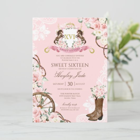 Pink Floral & elegantes Wappen Cowgirl Ranch Sweet Einladung (Stehend Vorderseite)