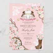 Pink Floral & elegantes Wappen Cowgirl Ranch Sweet Einladung (Vorne/Hinten)