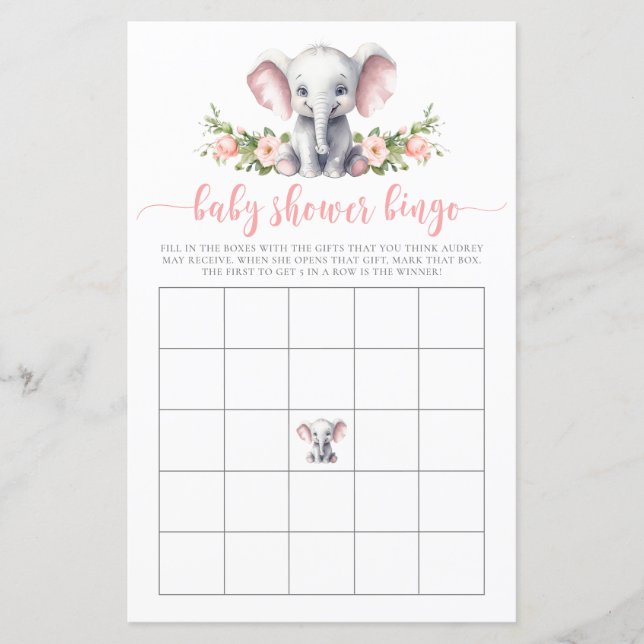 Pink Floral Elephant Baby Bingo Showspiel (Vorderseite)