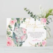 Pink Floral Elephant Baby Dusche Danke Karte (Stehend Vorderseite)