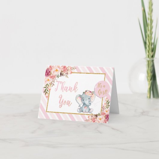 Pink Floral Elephant Baby Dusche Danke Karte (Vorderseite)