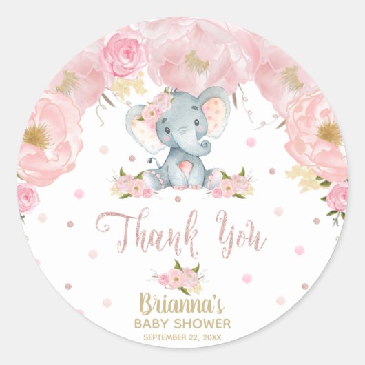 Pink Floral Elephant Baby Dusche Danke Runder Aufkleber (Vorderseite)