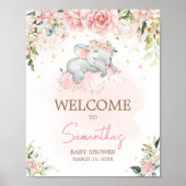 Pink Floral Elephant Baby Dusche Empfang Poster (Vorne)