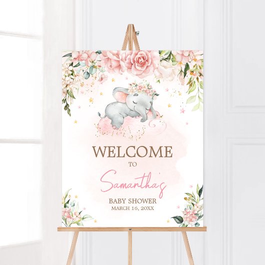 Pink Floral Elephant Baby Dusche Empfang Poster