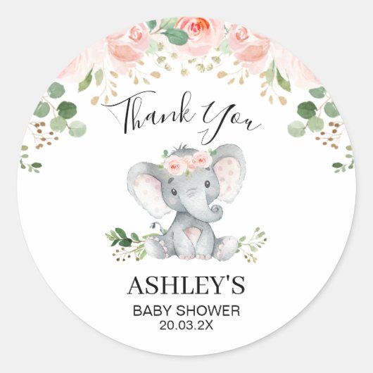 Pink Floral Elephant Baby Dusche Gefallen Sticker (Vorderseite)