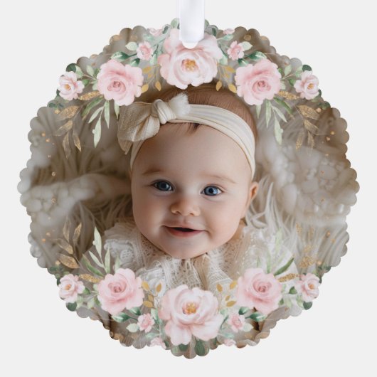 Pink Floral Elephant Baby First 1st Christmas Ornament Karte (Rückseite)