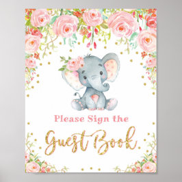 Pink Floral Elephant Baby Shooter Gästebuchzeichen Poster