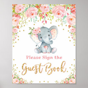 Pink Floral Elephant Baby Shooter Gästebuchzeichen Poster
