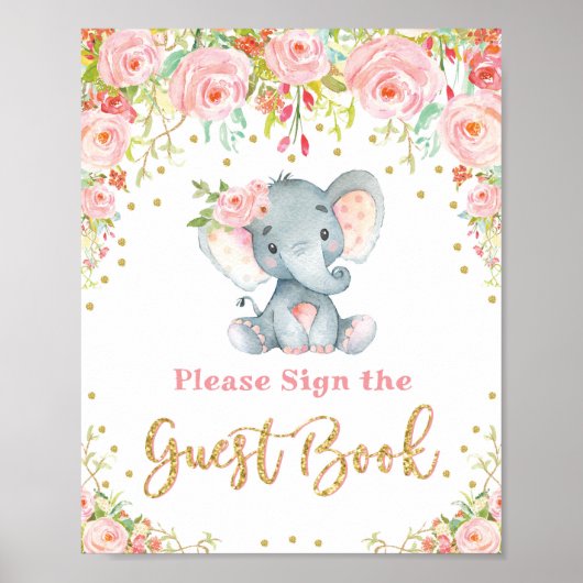 Pink Floral Elephant Baby Shooter Gästebuchzeichen Poster (Vorne)