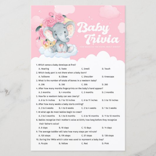 Pink Floral Elephant Baby Shooter Trivia Game (Vorderseite)