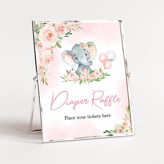Pink Floral Elephant Ballon Diaper Raffel Poster