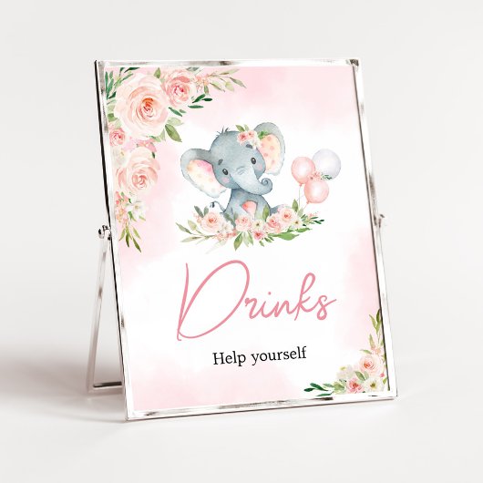 Pink Floral Elephant Balloon Baby Dusche Drinks Poster
