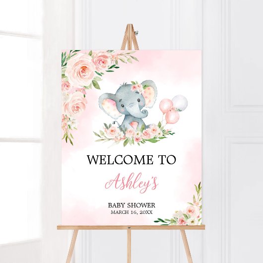 Pink Floral Elephant Balloon Baby Dusche Willkomme Poster