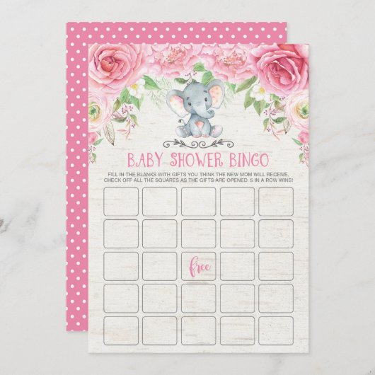 Pink Floral Elephant Bingo Baby Duschkarte Einladung (Vorne/Hinten)