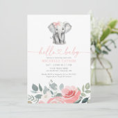 Pink Floral Elephant Girl Baby Dusche Einladung (Stehend Vorderseite)