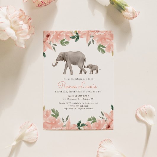 Pink Floral Elephant Girl Baby Dusche Einladung