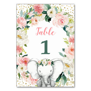 Pink Floral Elephant Girl Baby Dusche Tischnummer