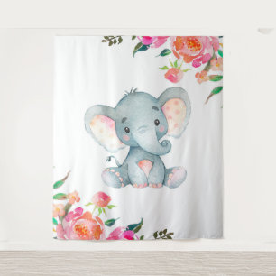 Pink Floral Elephant Kinderzimmer Wandteppich