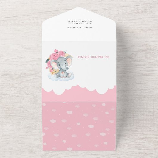 Pink Floral Elephant Kleine Peanut Babydusche All In One Einladung (Außenbereich)