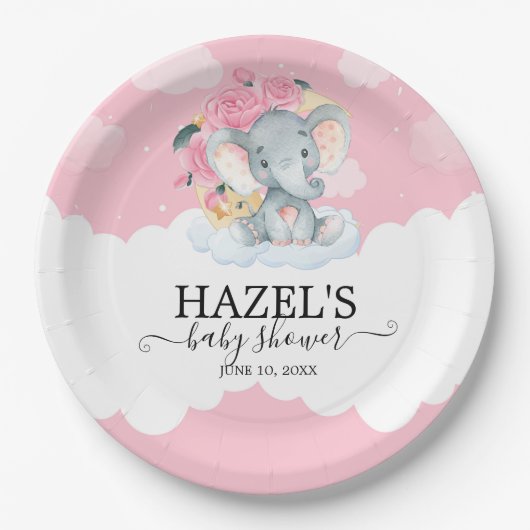 Pink Floral Elephant Kleine Peanut Babydusche Pappteller (Vorderseite)